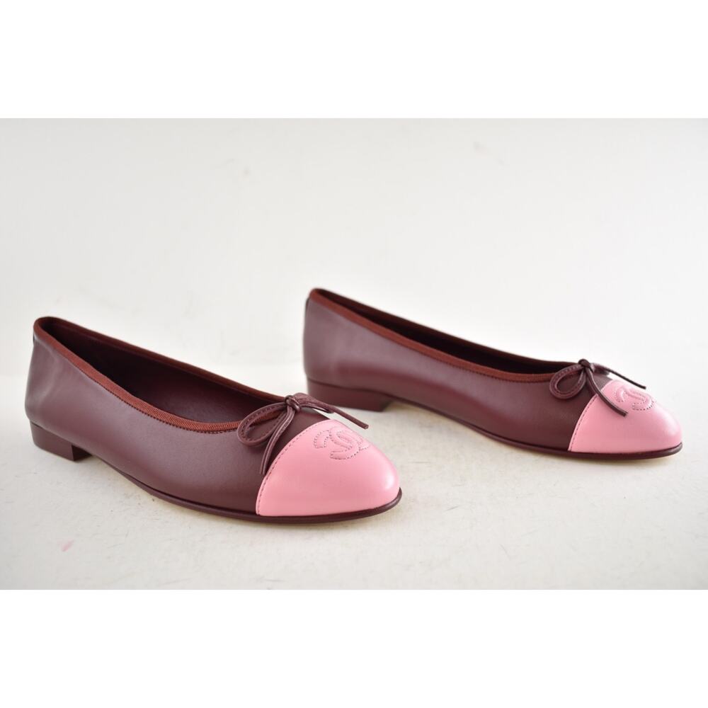 Chanel 26S Burgundy Red Pink Lambskin Leather CC Logo Ballet Ballerina Flat 37.5 - Picture 4 of 16